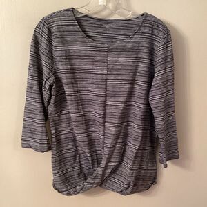 GARNET HILL SZ LARGE BLUE 3/4 SLEEVE ORGANIC PIMA COTTON STRIPED DRAPED TOP
